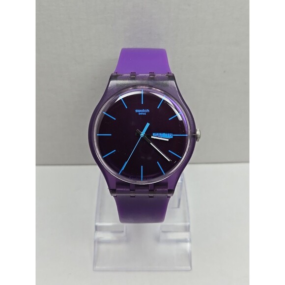 Swatch Purple Rebel SUOV702 41mm Day Date Quartz Watch New Battery Swiss Made - Picture 1 of 10